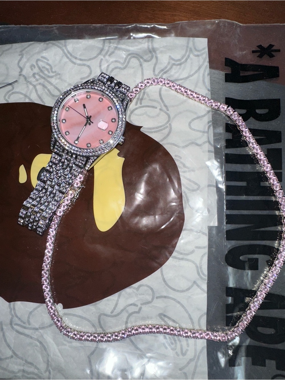 Crystal-Accent Pink Dial Women's Watch with Matching Pink Rhinestone necklace